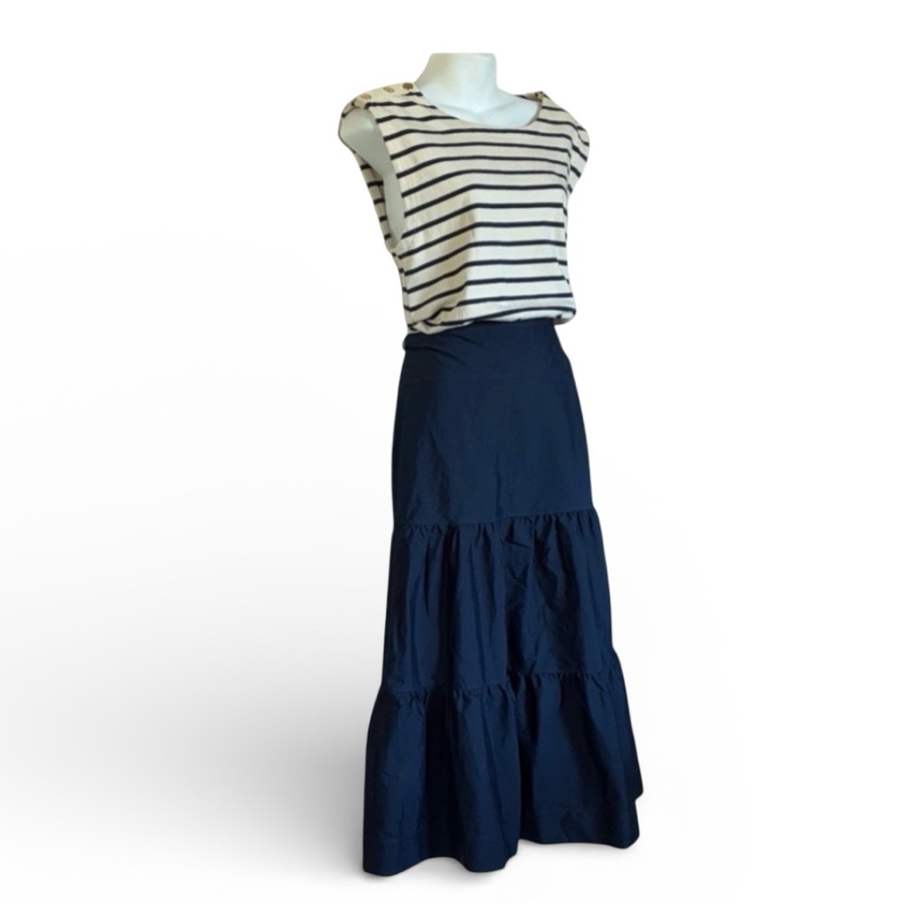 Veronica Beard Navy Tiered Maxi Skirt with Cream & Black Striped Top